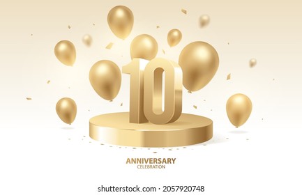 10th Anniversary celebration background. 3D Golden numbers on round podium with confetti and balloons.