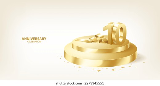 Antecedentes de la celebración del 10° Aniversario. Números dorados en podio doble redondo dorado con confeti.