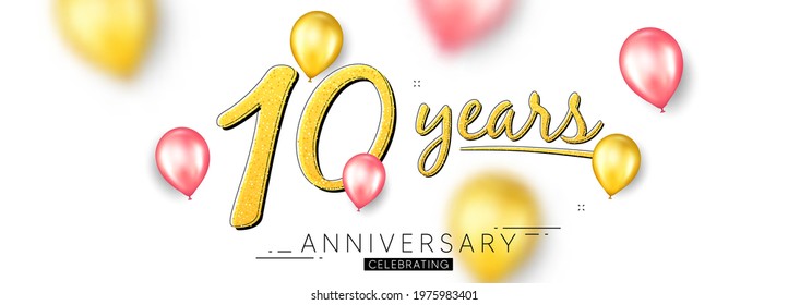 10th Anniversary celebration background. Frame banner with realistic 3d air balloons. Birthday party event decoration. 10 years Anniversary invitation with balloons. Vector celebration background.