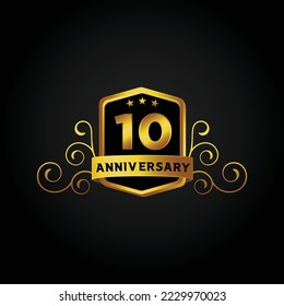 10th anniversary celebration background. Vector illustration, Beautiful greeting banner poster and golden logo with gold text word and gold number.