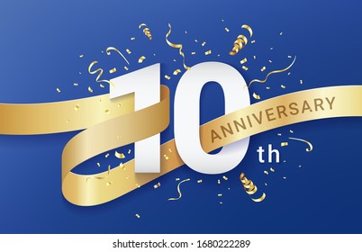 10th Anniversary celebration banner template. Big numbers with sparkles golden confetti and glitters ribbon. Festive event blue background. Realistic 3d style. Vector illustration.