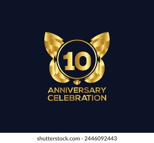 10th anniversary celebration day with gold color Light bright modern logo Design element