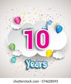 10th Anniversary Celebration Design, with clouds and balloons, confetti. Vector template elements for your, ten years birthday celebration party.