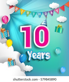 10th Anniversary Celebration Design, with clouds and balloons. using Paper Art Design Style, Vector template elements for your, ten years birthday celebration party.
