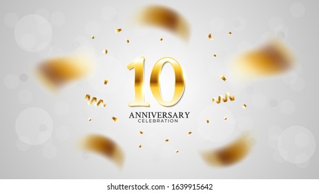 10th anniversary celebration with gold color and white background bokeh effects and sparkling confetti. modern elegant design can be used for a wedding or company. editable vector EPS 10