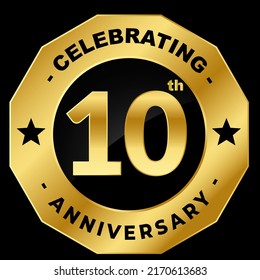 10th anniversary celebration golden logo emblem with no 10 embossed on black background vector graphic designing silhouette 