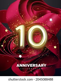 10th Anniversary celebration. Golden number 10 with sparkling confetti, stars, glitters on red fabric ruffles background. Vector festive illustration. Birthday or wedding party event decoration.