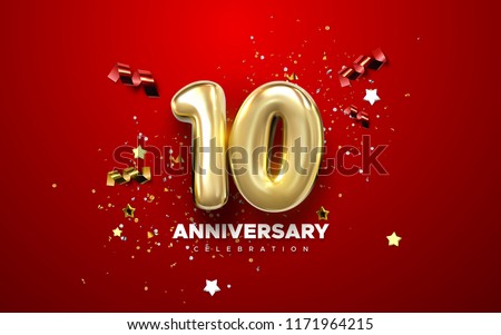 10th Anniversary celebration. Golden numbers with sparkling confetti, stars, glitters and streamer ribbons. Vector festive illustration. Realistic 3d sign. Party event decoration