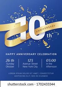 10th Anniversary celebration invitation vertical poster template. Big numbers with sparkles golden confetti and glitters ribbon. Festive event blue background. Realistic 3d style. Vector illustration.