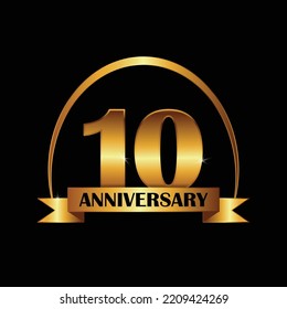 10th Anniversary Celebration Logo. Gold Elegant Anniversary Template Design, Vector template logo