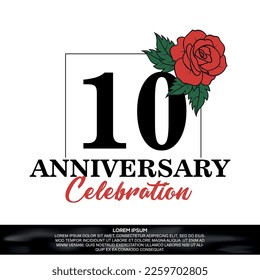 10th anniversary celebration logo  vector design with red rose  flower with black color font on white background abstract  