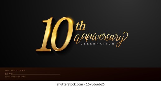 10th anniversary celebration logotype with handwriting golden color elegant design isolated on black background. vector anniversary for celebration, invitation card, and greeting card.