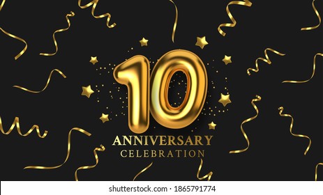 10th Anniversary celebration. Number in the form of golden balloons. Realistic 3d gold numbers and sparkling confetti, serpentine. Horizontal template for Birthday or wedding event. Vector