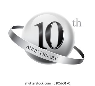 10th anniversary celebration with silver ring on white isolated background