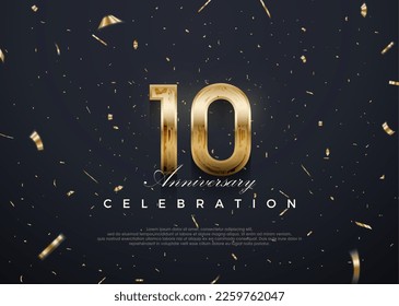 Celebración del décimo aniversario, diseño vectorial 3d con oro lujoso y brillante. Fondo vectorial premium para saludos y celebraciones.