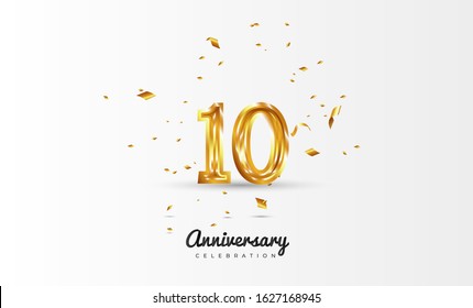 10th Anniversary celebration Vector background by using two colors in the design between gold and white, Golden number 10 with sparkling confetti Realistic gold 3d sign. Birthday or wedding party