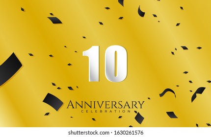 10th Anniversary celebration Vector background White paper art text and sparkling confetti on yellow Premium Vector for Birthday or wedding party