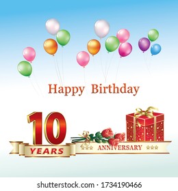 10th anniversary celebration, vector design with gift box, bouquet of roses and balloons, happy birthday card