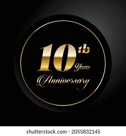 10th anniversary, anniversary celebration vector design with gold color on black background and circle shape.