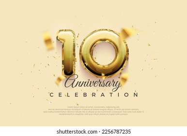 10th anniversary celebration, vector design with shiny gold balloons illustration. Premium vector background for greeting and celebration.