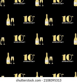 10th anniversary celebration vector seamless pattern with hand drawn champagne bottles and glasses. Geometric black and gold background. Drinks and 1920s font. 10 years repeat for party, business