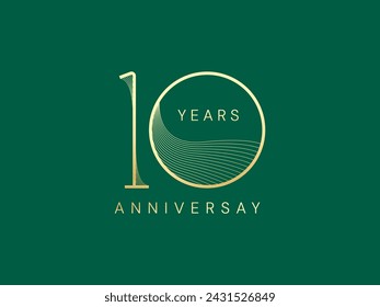 10th Anniversary with Curved Lines in shapes number gold celebration logo vector design concept. Ten years anniversary gold number template for celebration event, business company, invitation, web. 