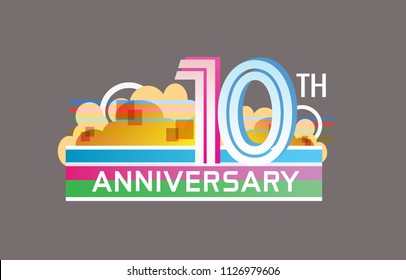 10th anniversary design colorful color with cloud, rainbow, and multiple line number. vector illustration for celebration event and party