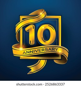 10th Anniversary diseña una cinta dorada envuelta alrededor del número '10' sobre un fondo azul oscuro. Perfecto para celebrar hitos o promover eventos de aniversario con un lujo.