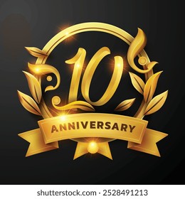 10º aniversario diseño de una cinta de oro y la hoja de oro Decorado alrededor del número '10' sobre un fondo negro. Perfecto para celebrar hitos o promover eventos de aniversario con un lujo.