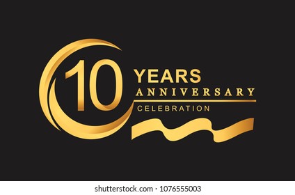 10th anniversary design logotype golden color with ring and gold ribbon for anniversary celebration