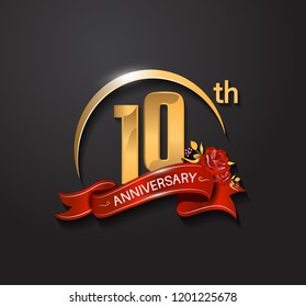 10th anniversary design logotype with golden swoosh, red ribbon and red rose. Vector template for use in celebration company event, greeting card, and invitation card