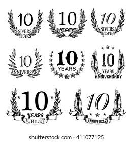 10th anniversary emblems set. Collection of hand drawn jubilee signs with wreath. Celebration badges in sketch style.