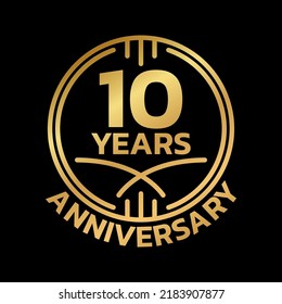 10th Anniversary golden logo or icon. 10 years round stamp design. Birthday celebrating, jubilee circle badge or label template. Vector illustration.