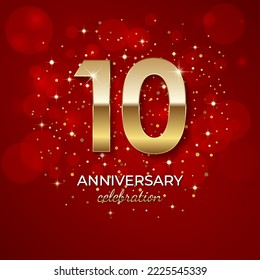 10th Anniversary. Golden number 10 with sparkling confetti and glitters for celebration events, weddings, invitations and greeting cards. Realistic 3d sign. Vector festive illustration