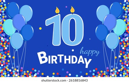 10th anniversary. Happy Birthday. A curly candle and blue balloons.