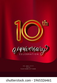 10th Anniversary Invitation and Greeting Card Design, Golden and Silver Colored, Elegant Design, Isolated on Red Background. Vector illustration.