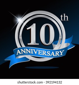 10th Anniversary Logo With Blue Ribbon And Silver Ring, Vector Template For Birthday Celebration.