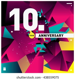 10th anniversary logo with colorful triangle shape. Anniversary signs illustration. Vibrant colors anniversary logo with geometric shape and triangle shape