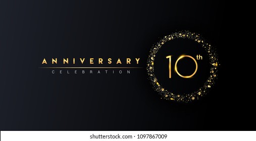 10th anniversary logo with confetti and golden glitter ring isolated on black background, vector design for greeting card and invitation card.