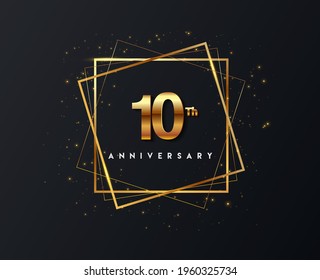 10th anniversary logo with confetti and golden frame isolated on black background, vector design for greeting card and invitation card.