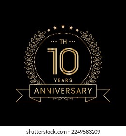 10th Anniversary logo design with laurel wreath for celebration event, invitation, banner, poster, flyer, greeting card. Line Art Design, Logo Vector Illustration