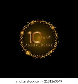 10th anniversary logo with gold glitter ring isolated on black background. Vector design for greeting cards and invitation cards.