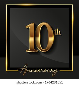 10th anniversary logo golden colored isolated on black background, vector design for greeting card and invitation card.