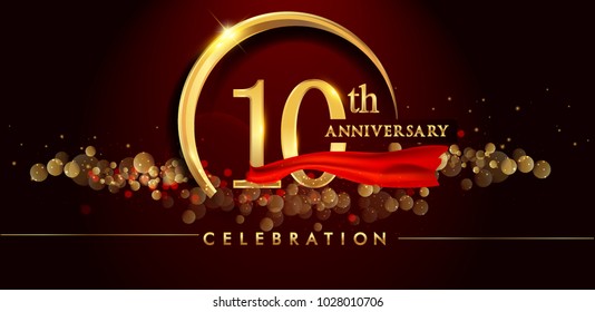 10th anniversary logo with golden ring, confetti and red ribbon isolated on elegant black background, sparkle, vector design for greeting card and invitation card