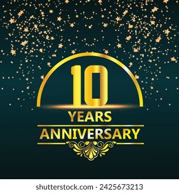 10th anniversary logo with golden ring, confetti and red ribbon isolated on elegant black background, sparkle, vector design for greeting card and invitation card