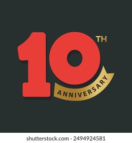 Logotipo del décimo aniversario con texto moderno en negrita y cinta de color dorado sobre fondo negro. 10 años de celebración de aniversario Anuncio, póster, Plantilla, tarjeta de felicitación.10ª insignia de aniversario de boda.