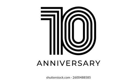 10th anniversary logo in modern geometric striped style. Number 10 for corporate milestones, birthday branding, celebrations, event marketing. Vector illustration