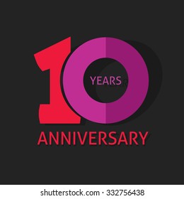 10th Anniversary Logo Template  With A Shadow On Circle Number 1 (one). 10 Years Icon. Ten Years Birthday Party Symbol. Tenth Sale, Sticker, Badge, Ribbon, Banner, Poster, Logotype, Emblem, Tag, Sign