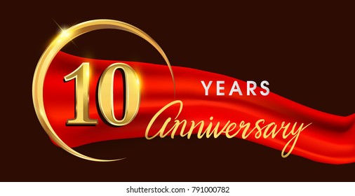 10th anniversary logotype with golden ring isolated on red ribbon elegant background, vector design for birthday celebration, greeting card and invitation card.