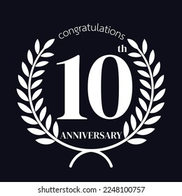 Logo del 10 aniversario, con Laurel Wreath, en blanco y negro. Ilustración vectorial